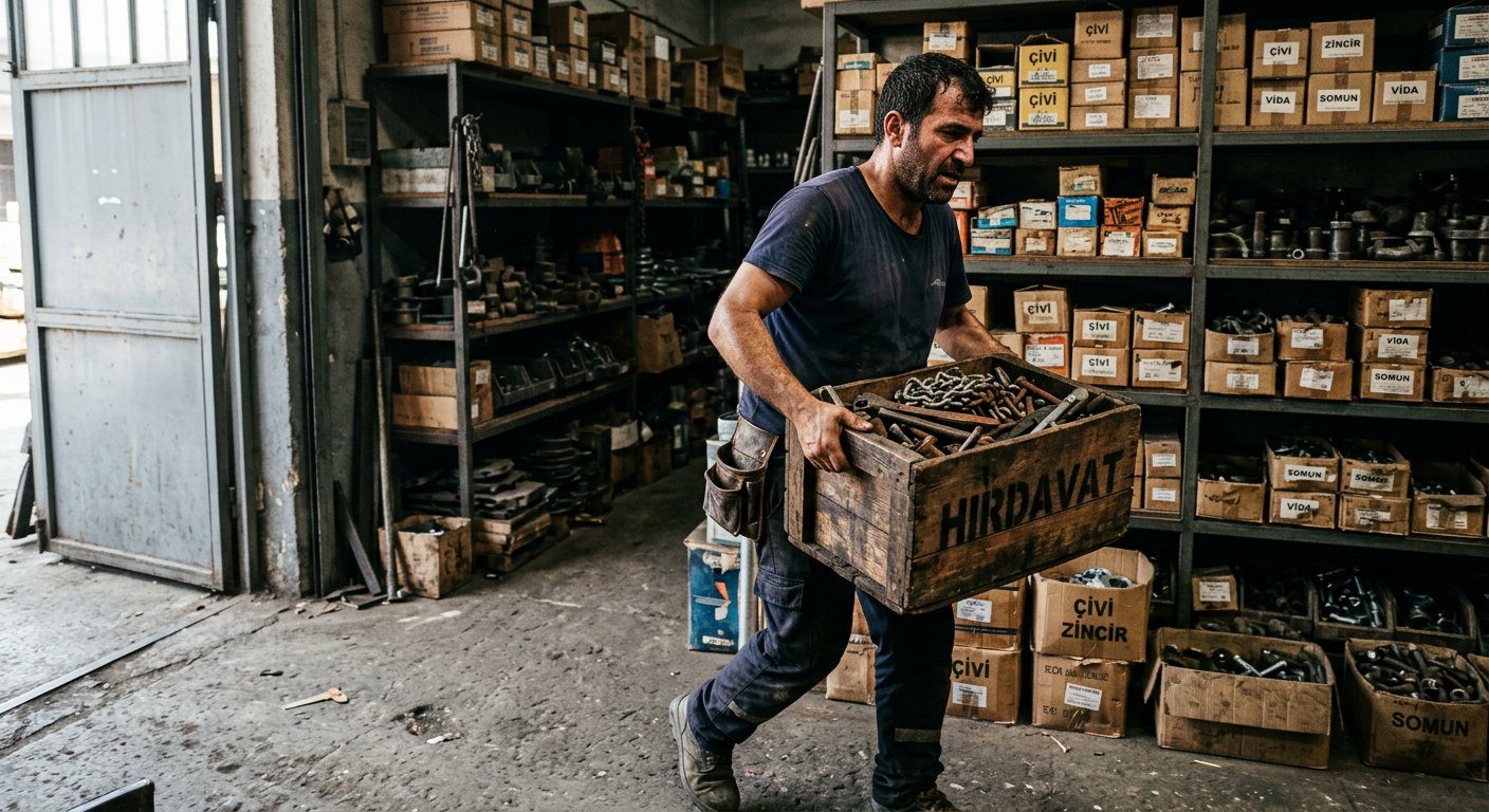 Metal parçalar bulunan kasanın depoda taşınması